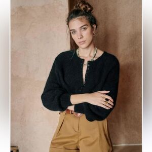 LA MAILLE SEZANE Black Knit Super Kid Mohair Wool Pull Leon Noir Sweater Size XS